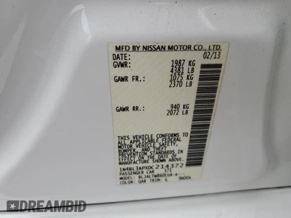 ✅ 2013 Nissan Altima SL • VIN: 1N4BL3APXDC214372 • Lot: 82725075. Wystawiony na Copart z przebiegiem 155 135 mil. Bezpłatny archiwum sprzedaży aukcyjnych z USA i szczegółowy raport historii pojazdu na DreamBid. Zdjęcie 12.