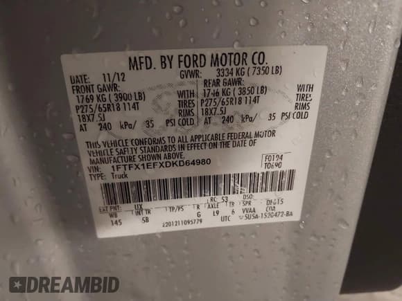 ✅ 2013 Ford F-150 XL • VIN: 1FTFX1EFXDKD64980 • Лот: 42163325. Опубликован ранее на IAAI с пробегом 149 651 миль. Бесплатный доступ к архиву аукционных продаж из США и подробный отчёт об истории автомобиля на DreamBid. Изображение 9.