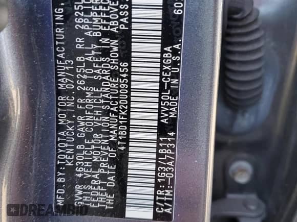 2013 Toyota Camry LE с VIN 4T1BD1FK2DU095456, выставлен на аукционе Copart как лот 42113844 с пробегом Не указан миль и Списание • Salvage title. История ставок и продаж доступна на DreamBid. Изображение 13.