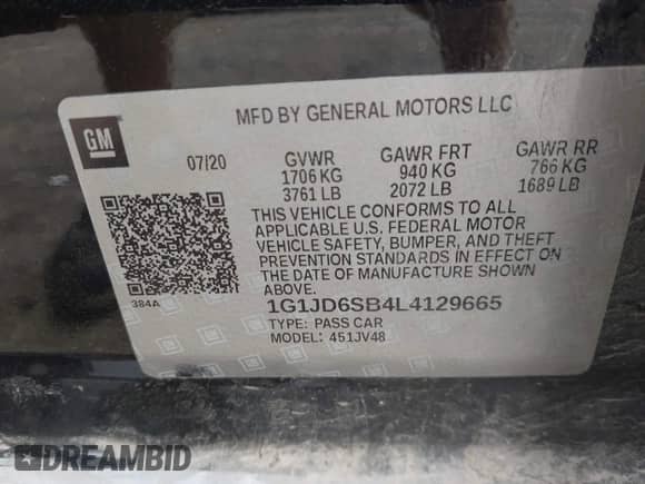 2020 Chevrolet Sonic LT с VIN 1G1JD6SB4L4129665, выставлен на аукционе IAAI как лот 43018158 с пробегом 120 328 миль миль и . История ставок и продаж доступна на DreamBid. Изображение 9.