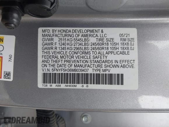 ✅ 2021 Honda Pilot EX • VIN: 5FNYF5H36MB039437 • Lot: 42542622. Listed on IAAI with 65,098 mi. Free auction sales archive from the USA and detailed vehicle history report at DreamBid. Image 9.
