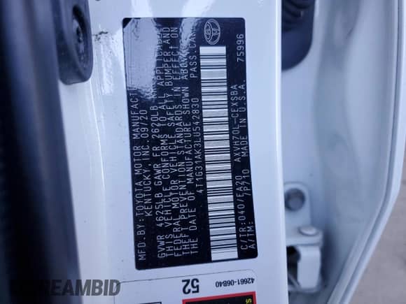 2020 Toyota Camry Hybrid SE с VIN 4T1G31AK3LU542830, выставлен на аукционе Copart как лот 84293245 с пробегом Не указан миль и Списание • Salvage title. История ставок и продаж доступна на DreamBid. Изображение 12.