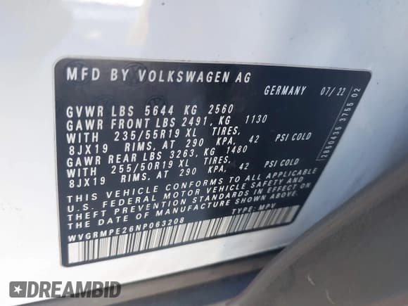 ✅ 2022 Volkswagen ID.4 Pro • VIN: WVGRMPE26NP063208 • Lot: 43465821. Wystawiony na IAAI z przebiegiem 96 937 mil. Bezpłatny archiwum sprzedaży aukcyjnych z USA i szczegółowy raport historii pojazdu na DreamBid. Zdjęcie 9.