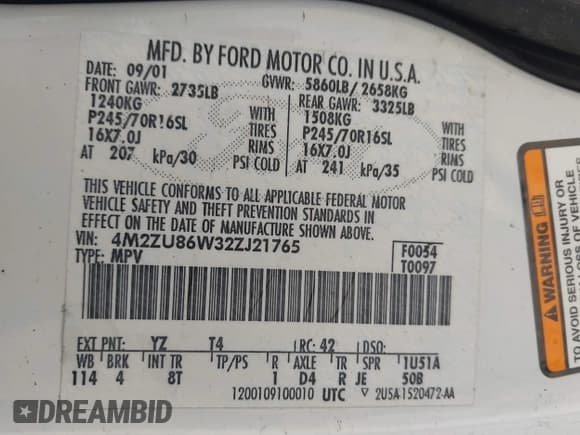 ✅ 2002 Mercury Mountaineer • VIN: 4M2ZU86W32ZJ21765 • Лот: 42209425. Опубликован ранее на IAAI с пробегом 135 090 миль. Бесплатный доступ к архиву аукционных продаж из США и подробный отчёт об истории автомобиля на DreamBid. Изображение 9.