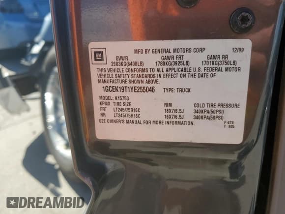 ✅ 2000 Chevrolet Silverado 1500 LT • VIN: 1GCEK19T1YE255046 • Лот: 71484384. Опубликован ранее на Copart с пробегом Не указан. Бесплатный доступ к архиву аукционных продаж из США и подробный отчёт об истории автомобиля на DreamBid. Изображение 12.