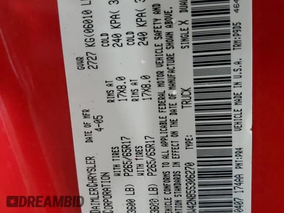 ✅ 2005 Dodge Dakota SLT • VIN: 1D7HW42N85S306270 • Lot: 55631765. Listed on Copart with 111,577 mi. Free auction sales archive from the USA and detailed vehicle history report at DreamBid. Image 13.