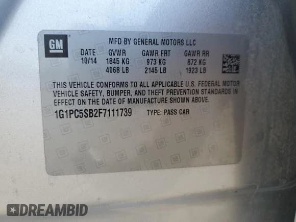 ✅ 2015 Chevrolet Cruze LT • VIN: 1G1PC5SB2F7111739 • Lot: 80258465. Listed on Copart with 115,919 mi. Free auction sales archive from the USA and detailed vehicle history report at DreamBid. Image 13.