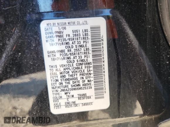 ✅ 2006 Nissan Murano SL • VIN: JN8AZ08WX6W525239 • Lot: 67135485. Listed on Copart with 72,921 mi. Free auction sales archive from the USA and detailed vehicle history report at DreamBid. Image 13.