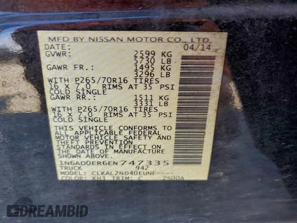 ✅ 2014 Nissan Frontier SL • VIN: 1N6AD0ER6EN747335 • Lot: 95760885. Listed on Copart with 169,029 mi. Free auction sales archive from the USA and detailed vehicle history report at DreamBid. Image 12.