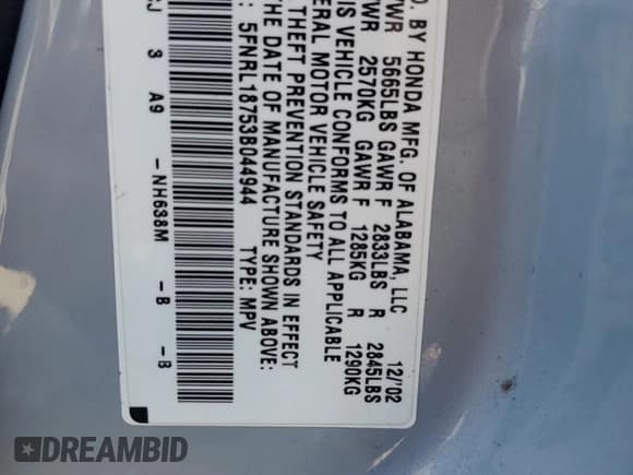 ✅ 2003 Honda Odyssey EX-L • VIN: 5FNRL18753B044944 • Lot: 71719625. Listed on Copart with 205,515 mi. Free auction sales archive from the USA and detailed vehicle history report at DreamBid. Image 14.