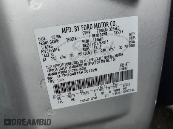 ✅ 2006 Ford F-150 XLT • VIN: 1FTPX04516KD67325 • Lot: 47562935. Listed on Copart with 173,683 mi. Free auction sales archive from the USA and detailed vehicle history report at DreamBid. Image 12.