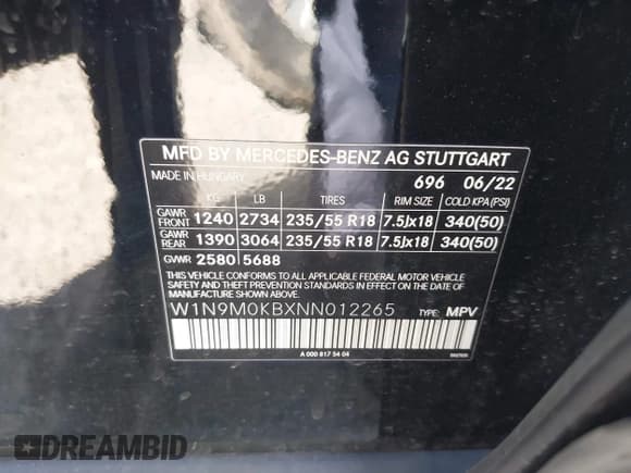 ✅ 2022 Mercedes-Benz EQB 300 • VIN: W1N9M0KBXNN012265 • Lot: 42192191. Listed on IAAI with 22,143 mi. Free auction sales archive from the USA and detailed vehicle history report at DreamBid. Image 9.