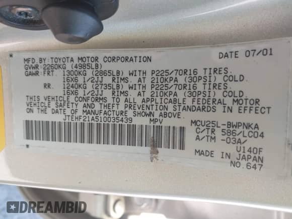 2001 Toyota Highlander с VIN JTEHF21A510035439, выставлен на аукционе IAAI как лот 43191075 с пробегом 260 222 миль миль и . История ставок и продаж доступна на DreamBid. Изображение 9.