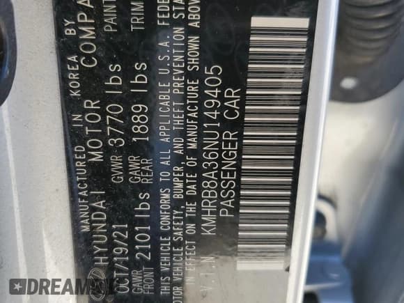 ✅ 2022 Hyundai Venue SE • VIN: KMHRB8A36NU149405 • Lot: 42344835. Listed on Copart with 89,951 mi. Free auction sales archive from the USA and detailed vehicle history report at DreamBid. Image 13.