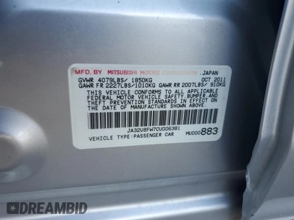 ✅ 2012 Mitsubishi Lancer GT • VIN: JA32U8FW7CU006381 • Lot: 89509715. Listed on Copart with 224,759 mi. Free auction sales archive from the USA and detailed vehicle history report at DreamBid. Image 12.