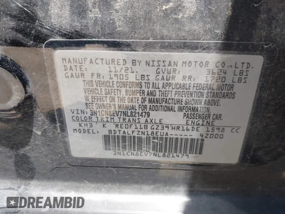 ✅ 2022 Nissan Versa SV • VIN: 3N1CN8EV7NL821479 • Lot: 42470470. Listed on IAAI with 49,880 mi. Free auction sales archive from the USA and detailed vehicle history report at DreamBid. Image 9.