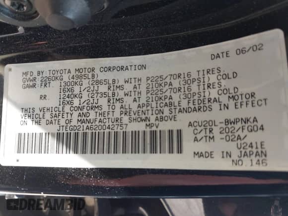 2002 Toyota Highlander с VIN JTEGD21A620042757, выставлен на аукционе IAAI как лот 42928903 с пробегом 133 743 миль миль и . История ставок и продаж доступна на DreamBid. Изображение 9.