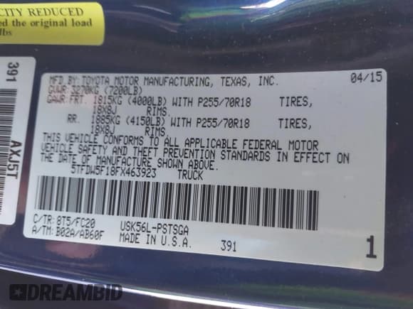 ✅ 2015 Toyota Tundra SR5 • VIN: 5TFDW5F18FX463923 • Lot: 41625161. Listed on IAAI with 159,323 mi. Free auction sales archive from the USA and detailed vehicle history report at DreamBid. Image 9.