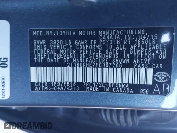 ✅ 2015 Toyota Corolla L • VIN: 2T1BURHE7FC397206 • Лот: 43713593. Опубликован ранее на IAAI с пробегом 72 612 миль. Бесплатный доступ к архиву аукционных продаж из США и подробный отчёт об истории автомобиля на DreamBid. Изображение 9.