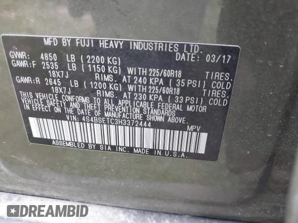 ✅ 2017 Subaru Outback Touring • VIN: 4S4BSETC3H3372444 • Lot: 41943344. Listed on IAAI with 109,795 mi. Free auction sales archive from the USA and detailed vehicle history report at DreamBid. Image 9.