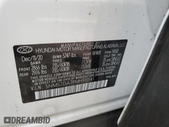 ✅ 2021 Hyundai Santa Fe SEL • VIN: 5NMS2DAJ9MH313541 • Лот: 41628134. Опубликован ранее на Copart с пробегом 6 355 миль. Бесплатный доступ к архиву аукционных продаж из США и подробный отчёт об истории автомобиля на DreamBid. Изображение 13.