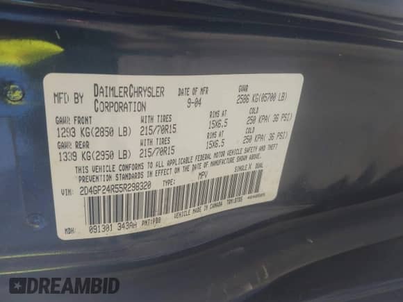 2005 Dodge Caravan SE с VIN 2D4GP24R55R298320, выставлен на аукционе IAAI как лот 43564165 с пробегом 204 494 миль миль и . История ставок и продаж доступна на DreamBid. Изображение 9.