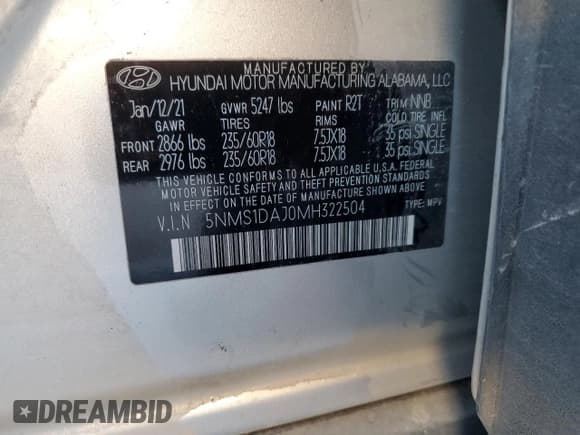 ✅ 2021 Hyundai Santa Fe SE • VIN: 5NMS1DAJ0MH322504 • Lot: 66934783. Wystawiony na Copart z przebiegiem Nie podano. Bezpłatny archiwum sprzedaży aukcyjnych z USA i szczegółowy raport historii pojazdu na DreamBid. Zdjęcie 12.