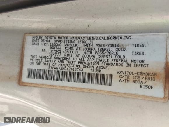✅ 2004 Toyota Tacoma • VIN: 5TEWN72N04Z415743 • Lot: 42849502. Wystawiony na IAAI z przebiegiem 319 850 mil. Bezpłatny archiwum sprzedaży aukcyjnych z USA i szczegółowy raport historii pojazdu na DreamBid. Zdjęcie 9.