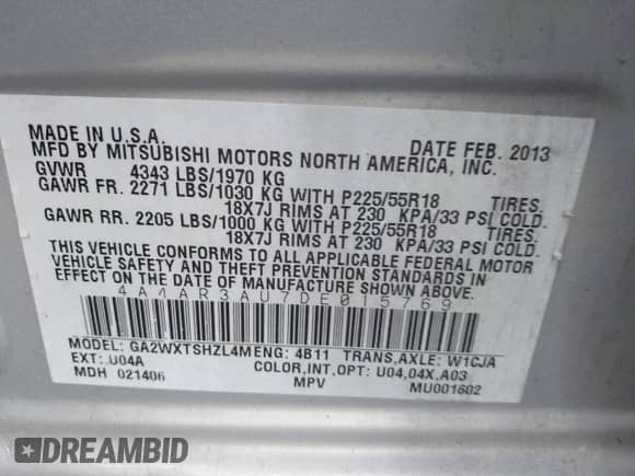 2013 Mitsubishi Outlander ES z VIN 4A4AR3AU7DE015769, wystawiony jako IAAI lot #43290230 z przebiegiem 208 555 mil mil oraz . Historia ofert i sprzedaży dostępna na DreamBid. Obrazek 9.