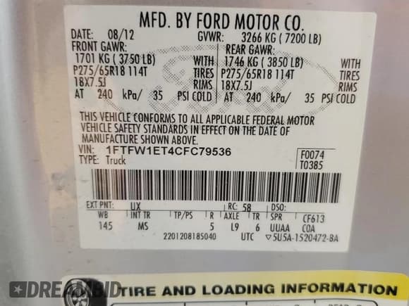 ✅ 2012 Ford F-150 Lariat • VIN: 1FTFW1ET4CFC79536 • Lot: 66925385. Listed on Copart with 147,177 mi. Free auction sales archive from the USA and detailed vehicle history report at DreamBid. Image 12.