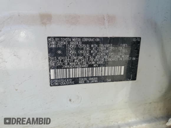 ✅ 2010 Toyota RAV4 Limited • VIN: JTMYK4DVXAD004402 • Lot: 49249815. Listed on Copart with 228,776 mi. Free auction sales archive from the USA and detailed vehicle history report at DreamBid. Image 13.