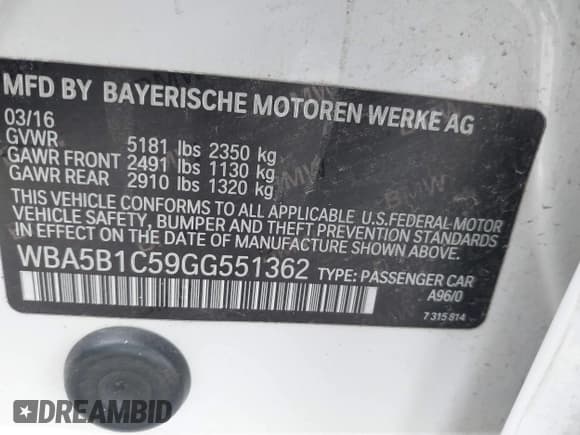 ✅ 2016 BMW 5 Series 535i • VIN: WBA5B1C59GG551362 • Lot: 43806322. Listed on IAAI with 103,957 mi. Free auction sales archive from the USA and detailed vehicle history report at DreamBid. Image 9.