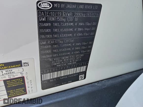 ✅ 2020 Land Rover Discovery SE • VIN: SALRG2RV9L2423836 • Лот: 92815055. Опубликован ранее на Copart с пробегом 119 317 миль. Бесплатный доступ к архиву аукционных продаж из США и подробный отчёт об истории автомобиля на DreamBid. Изображение 13.