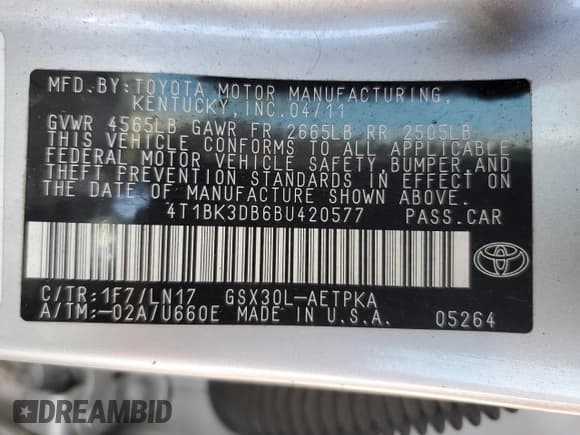 ✅ 2011 Toyota Avalon Limited • VIN: 4T1BK3DB6BU420577 • Lot: 90346875. Listed on Copart with 130,534 mi. Free auction sales archive from the USA and detailed vehicle history report at DreamBid. Image 13.