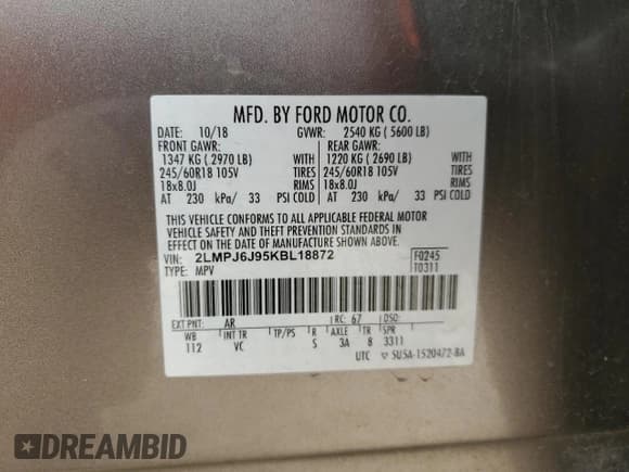 ✅ 2019 Lincoln Nautilus Standard • VIN: 2LMPJ6J95KBL18872 • Lot: 46453375. Listed on Copart with 35,307 mi. Free auction sales archive from the USA and detailed vehicle history report at DreamBid. Image 16.