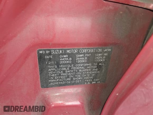 ✅ 2012 Suzuki Kizashi SE • VIN: JS2RE9A31C6101027 • Lot: 41213426. Listed on IAAI with 174,490 mi. Free auction sales archive from the USA and detailed vehicle history report at DreamBid. Image 9.