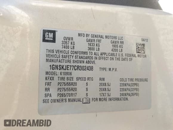 ✅ 2012 Chevrolet Suburban LT • VIN: 1GNSKJE77CR302438 • Lot: 43601904. Listed on IAAI with 162,986 mi. Free auction sales archive from the USA and detailed vehicle history report at DreamBid. Image 9.