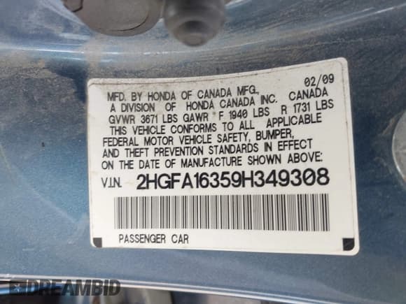 ✅ 2009 Honda Civic DX-VP • VIN: 2HGFA16359H349308 • Лот: 43262895. Опубликован ранее на IAAI с пробегом 261 148 миль. Бесплатный доступ к архиву аукционных продаж из США и подробный отчёт об истории автомобиля на DreamBid. Изображение 9.