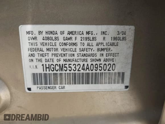 ✅ 2004 Honda Accord LX • VIN: 1HGCM55324A095020 • Лот: 42244443. Опубликован ранее на IAAI с пробегом 217 594 миль. Бесплатный доступ к архиву аукционных продаж из США и подробный отчёт об истории автомобиля на DreamBid. Изображение 9.