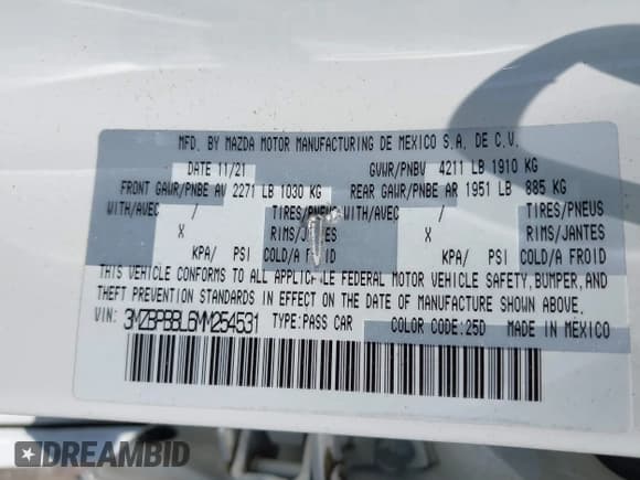 ✅ 2021 Mazda 3 Select • VIN: 3MZBPBBL6MM254531 • Lot: 42446016. Listed on IAAI with 36,168 mi. Free auction sales archive from the USA and detailed vehicle history report at DreamBid. Image 9.