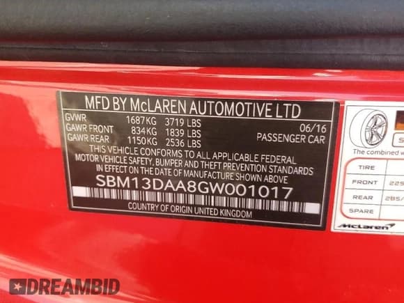 ✅ 2016 McLaren 570S • VIN: SBM13DAA8GW001017 • Lot: 60171875. Wystawiony na Copart z przebiegiem 40 954 mil. Bezpłatny archiwum sprzedaży aukcyjnych z USA i szczegółowy raport historii pojazdu na DreamBid. Zdjęcie 13.