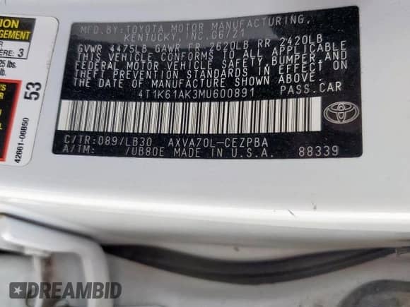 2021 Toyota Camry XSE с VIN 4T1K61AK3MU600891, выставлен на аукционе Copart как лот 70040405 с пробегом 66 035 миль миль и Списание • Salvage title. История ставок и продаж доступна на DreamBid. Изображение 12.