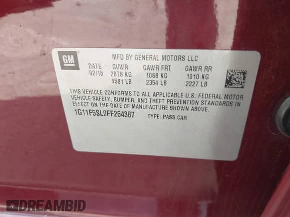 2015 Chevrolet Malibu LTZ with VIN 1G11F5SL0FF264387, listed as a IAAI auction lot 43525485 with 78,386 mi miles and . Bid and sale history available at DreamBid. Image 9.