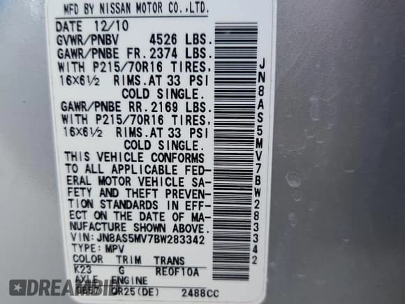 ✅ 2011 Nissan Rogue S • VIN: JN8AS5MV7BW283342 • Лот: 87026295. Опубликован ранее на Copart с пробегом 153 634 миль. Бесплатный доступ к архиву аукционных продаж из США и подробный отчёт об истории автомобиля на DreamBid. Изображение 12.