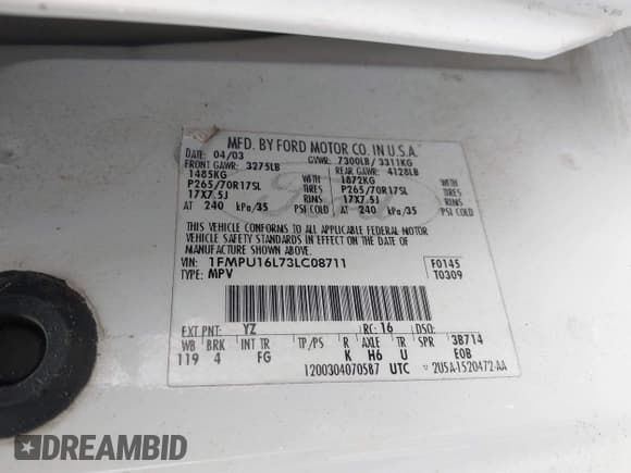 ✅ 2003 Ford Expedition Special Service • VIN: 1FMPU16L73LC08711 • Лот: 42170698. Опубликован ранее на IAAI с пробегом 217 078 миль. Бесплатный доступ к архиву аукционных продаж из США и подробный отчёт об истории автомобиля на DreamBid. Изображение 9.