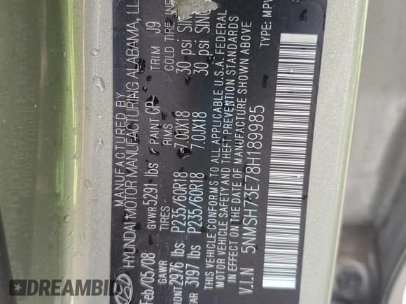 ✅ 2008 Hyundai Santa Fe SE • VIN: 5NMSH73E78H189985 • Lot: 80182025. Listed on Copart with 85,198 mi. Free auction sales archive from the USA and detailed vehicle history report at DreamBid. Image 13.