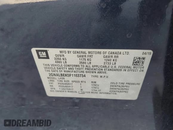 ✅ 2015 Chevrolet Equinox LT • VIN: 2GNALBEK5F1163734 • Lot: 43461977. Listed on IAAI with 122,441 mi. Free auction sales archive from the USA and detailed vehicle history report at DreamBid. Image 9.