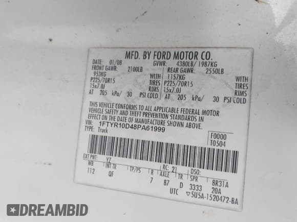 ✅ 2008 Ford Ranger XL • VIN: 1FTYR10D48PA61999 • Lot: 43799287. Listed on IAAI with 118,338 mi. Free auction sales archive from the USA and detailed vehicle history report at DreamBid. Image 9.