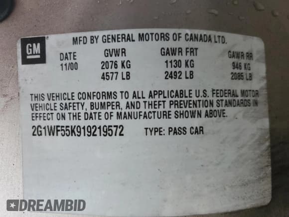 ✅ 2001 Chevrolet Impala • VIN: 2G1WF55K919219572 • Lot: 81324224. Listed on Copart with 129,445 mi. Free auction sales archive from the USA and detailed vehicle history report at DreamBid. Image 12.