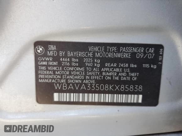 ✅ 2008 BMW 3 Series 328i • VIN: WBAVA33508KX85838 • Lot: 52621395. Wystawiony na Copart z przebiegiem 172 406 mil. Bezpłatny archiwum sprzedaży aukcyjnych z USA i szczegółowy raport historii pojazdu na DreamBid. Zdjęcie 14.